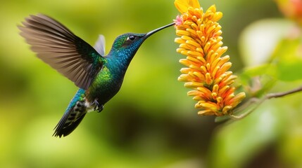 Fototapeta premium Hummingbird in flight, feeding from a flower 
