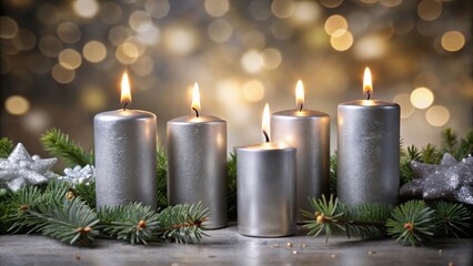 Stock photo of four silver advent candles being lit on the fourth Sunday of Advent
