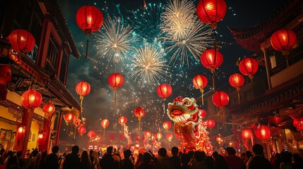Chinese New Year celebration with dragon and lion dances, red lanterns illuminating the night, fireworks exploding in the sky, and people gathered to celebrate with traditional foods
