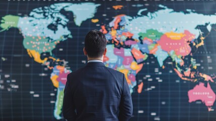 Businessman in a suit standing in front of a large world map, focusing on global strategy, international business, and geographical planning.