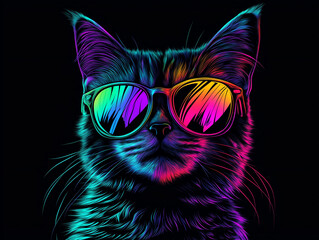 Naklejka premium Colorful Synthwave style cute cat with sunglasses, dark black background, Portrait, digital illustration ai art style. synthwave cat. Illustrations 
