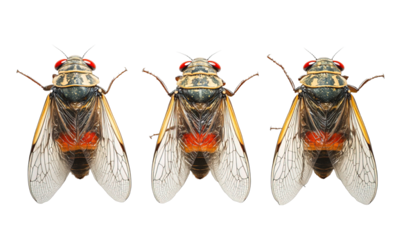 Three Cicadas in a Row  on transparent background, png	