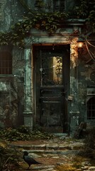 Fototapeta premium A weathered wooden door with a crow perched on the stone path in front of it.
