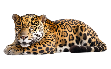Wild lying jaguar on transparent background, png