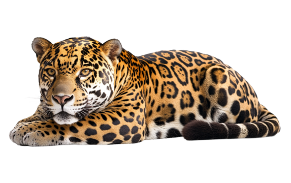 Wild lying jaguar on transparent background, png	