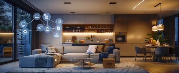 Modern living room with a connected home system and comfortable furniture.