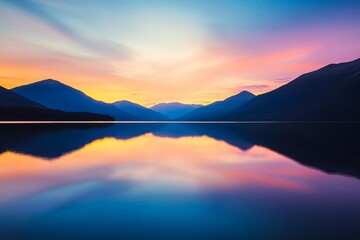 Obraz premium A calm lake at sunset, with vibrant colors reflecting on the water and a silhouette of distant mountains. Ideal for promoting relaxation and tranquility