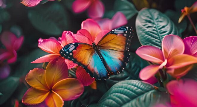 A Vibrant Blue Morpho Butterfly Rests on Purple Flowers