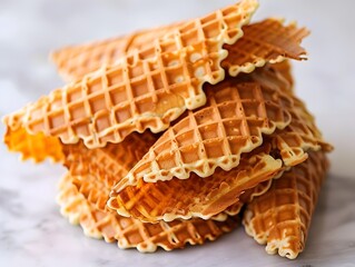 A Stack of Crispy,Golden-Brown Waffle Cones Showcasing Delicious Texture and Flavor