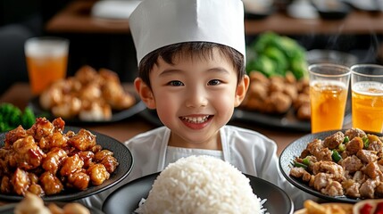 Smiling child chef with plates of Asian food