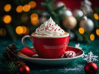 Fototapeta premium Peppermint latte with a Christmas background