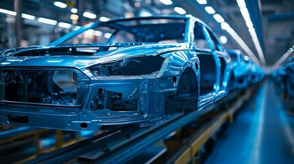 Obraz premium Futuristic automotive assembly line showcasing sleek car body frames bathed in cool blue light, symbolizing cutting-edge technology in modern manufacturing.