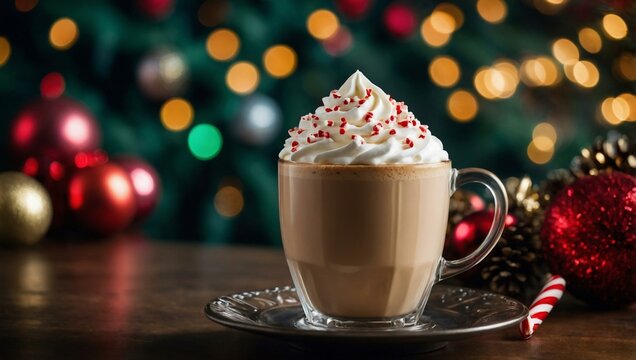 Peppermint latte with a Christmas background