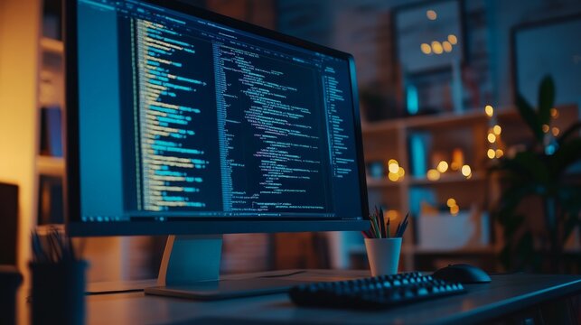 A software tester debugging code on a computer, with test cases and error logs