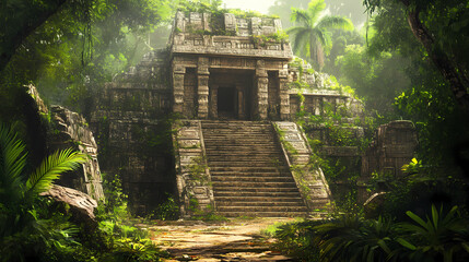 An ancient mayan temple with stone steps and jungle surroundings. Mayan Temple. Illustration © Thiago