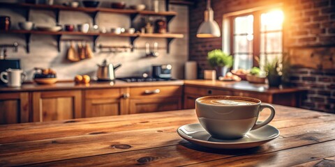 A cup of coffee sitting on a wooden table in a cozy kitchen at home