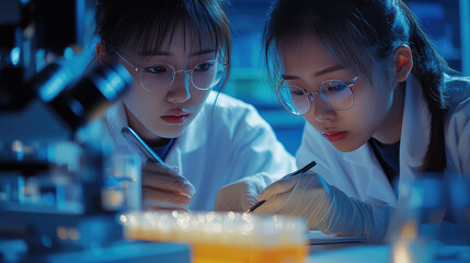  asian scientists are  working in medicine pharmaceutical lab chemist is doing experiment illustration theme scene in the lab  