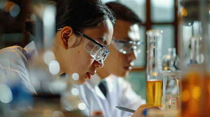 asian scientists are  working in medicine pharmaceutical lab chemist is doing experiment illustration theme scene in the lab  