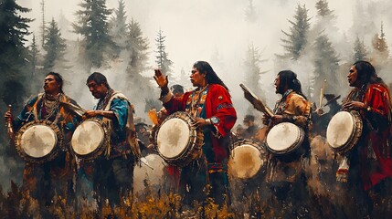 Indigenous drummers performing during a cultural ceremony, with rhythmic movements captured in flowing watercolor hues.