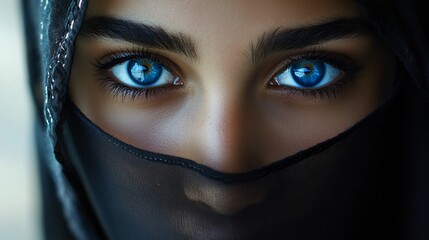 Naklejka premium Piercing blue eyes gaze intensely from behind a dark veil, capturing a moment of mystery and cultural significance in this striking close-up portrait.