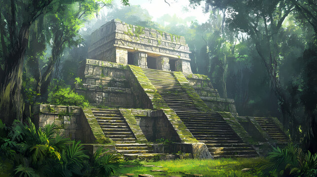An ancient mayan temple with stone steps and jungle surroundings. Mayan Temple. Illustration