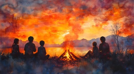 Fototapeta premium Indigenous storyteller sharing tales with children around a fire, with a watercolor background of warm evening hues.