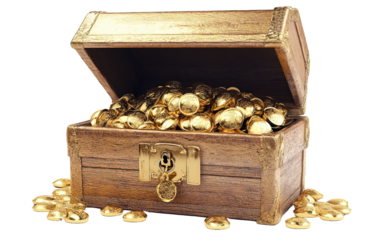 Treasure box filled with gold on transparent background, png	