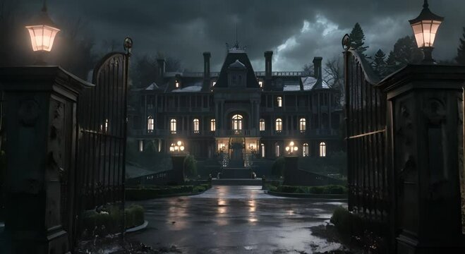 A Wet Night at a Grand Mansion with Black Gates and Street Lights