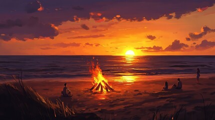 A vibrant summer scene featuring a beach bonfire with people gathered around.