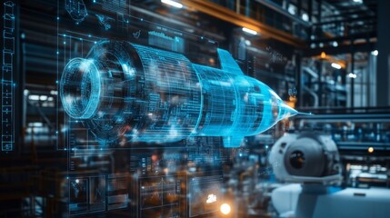 Digital twin of an industrial air with digital overlay showing data and collaboration icons, highlighting the integration between blue rocket on one side