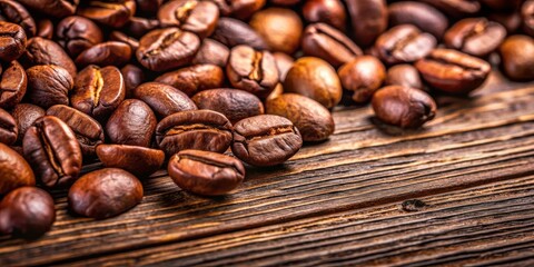 Naklejka premium Close up of roasted coffee beans on a textured wooden surface