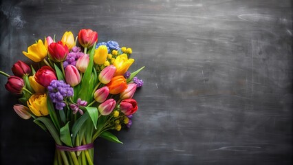 Fototapeta premium Colorful spring flowers bouquet on blackboard background with space for text
