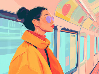 young woman traveling by train
