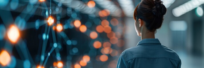 A woman standing in front of a digital interface, analyzing interconnected nodes and data points, symbolizing technology, innovation, and network systems.