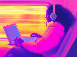 young woman traveling by train, working on laptop