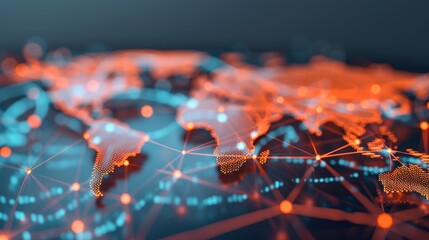 A digital world map showing global network connections across continents, symbolizing worldwide data exchange and global connectivity.