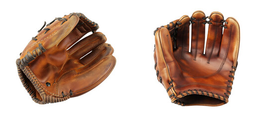 Brown leather baseball gloves isolated on a transparent background, Cutout PNG