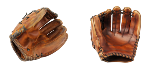 Brown leather baseball gloves isolated on a transparent background, Cutout PNG