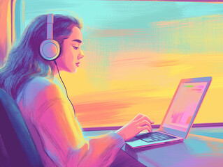 young woman traveling by train, working on laptop
