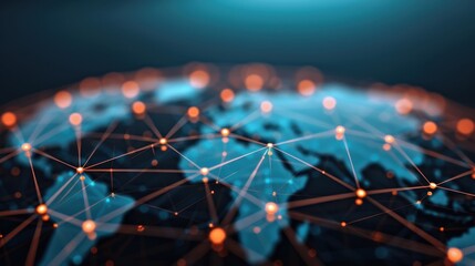 A digital world map showing global network connections across continents, symbolizing worldwide data exchange and global connectivity.