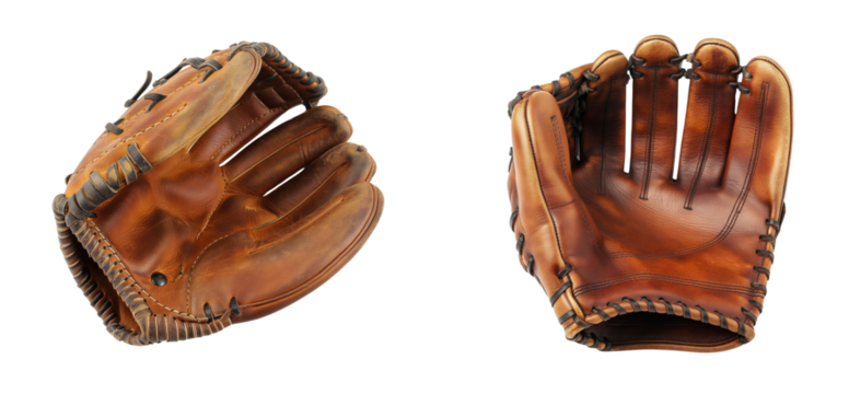 Brown leather baseball gloves isolated on a transparent background, Cutout PNG