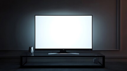 Blank white tv screen interior in darkness mockup, front view, 3d rendering. Empty telly plasma display in living room mockup