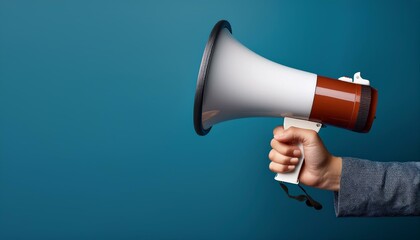 Hand holding a megaphone announces sales and discounts. Marketing and commercial concept banner with copy space, made with Generative Al.. person with megaphone. person shouting into megaphone