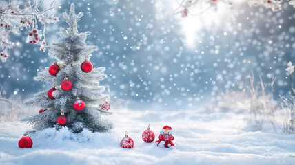 Snowy Christmas Scene with Decorated Tree and Snowdrifts Outdoors