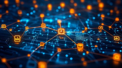 Abstract Digital Network with Orange and Blue Icons