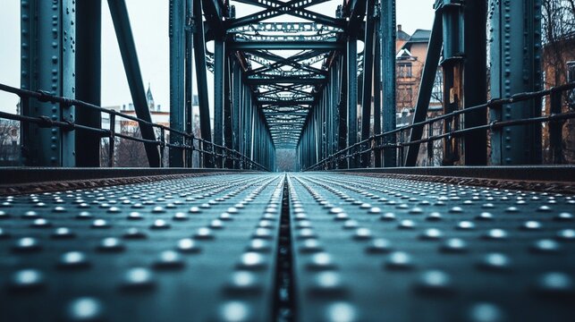 Symmetrical steel bridge structure stretches into the distance, its teal-colored trusses framing a path dotted with rivets, creating a mesmerizing vanishing point. - Powered by Adobe