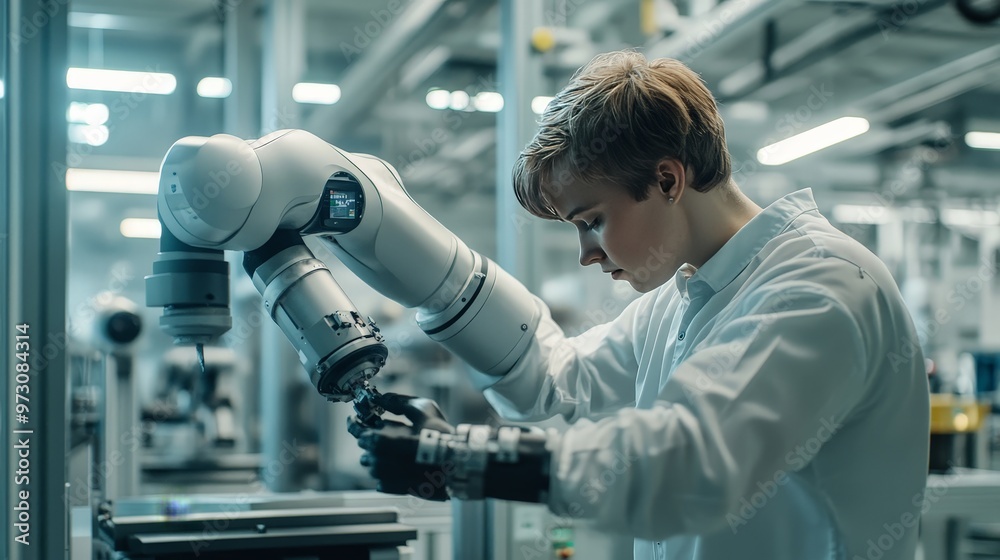 Poster an engineer programs a robotic arm in a high-tech factory, fine-tuning its movements to optimize pro