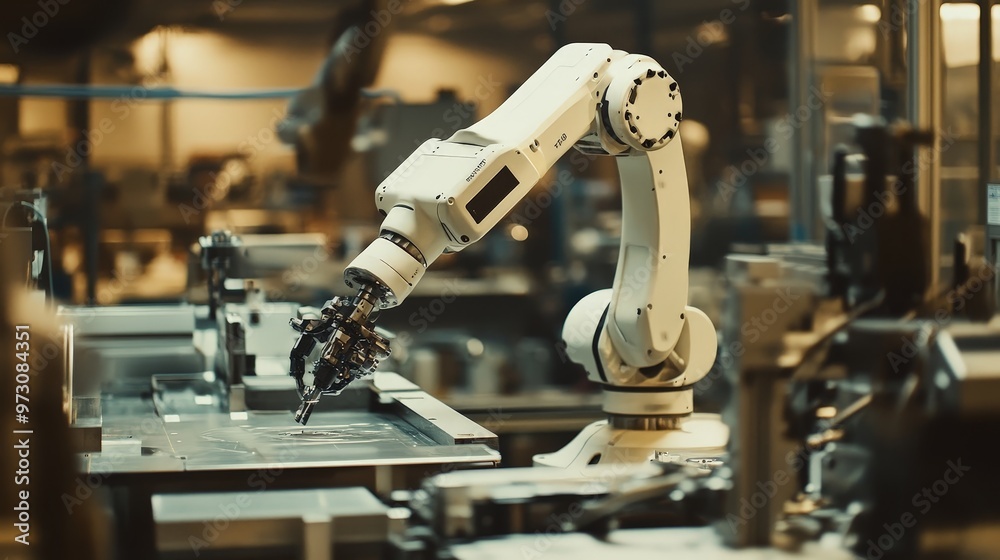 Poster an engineer programs a robotic arm in a high-tech factory, fine-tuning its movements to optimize pro