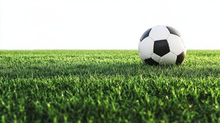 Fototapeta premium soccer ball real still life photo, on a green soccer field, closeup shot, cut out, isolated on white, on the bottom part of the frame