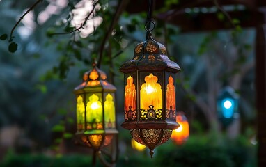 Obraz premium Colorful Arabic lanterns on the street. Ramadan Kareem background